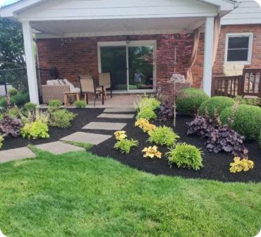 Flower beds and paver walkway outside of patio